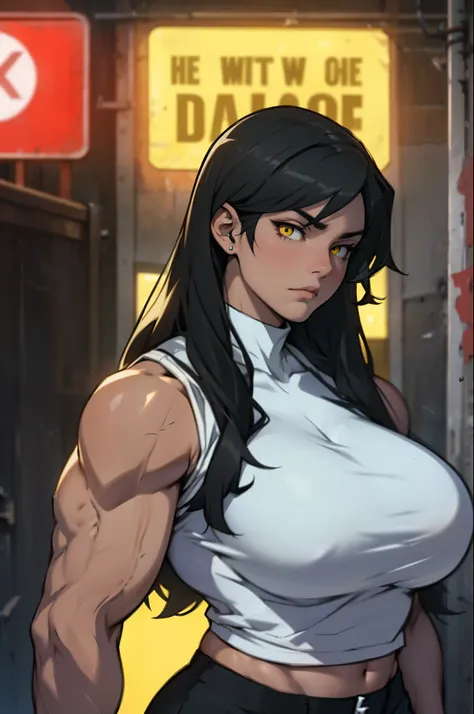 massive hair black hair yellow eyes pale skin large breasts muscular girl sad girl