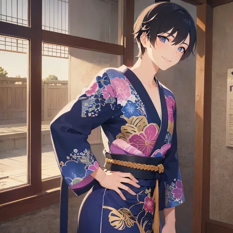 side angle, (looking away:1.5), upper body、(hand on own hip:1.5),
masterpiece、Highest quality、
(25-year-old male:1.5) and(Black short hair) and (blue eyes), 
yukata,(smile:1.5),open mouth,The background is a Japanese-style room at night,(alone:1.5)