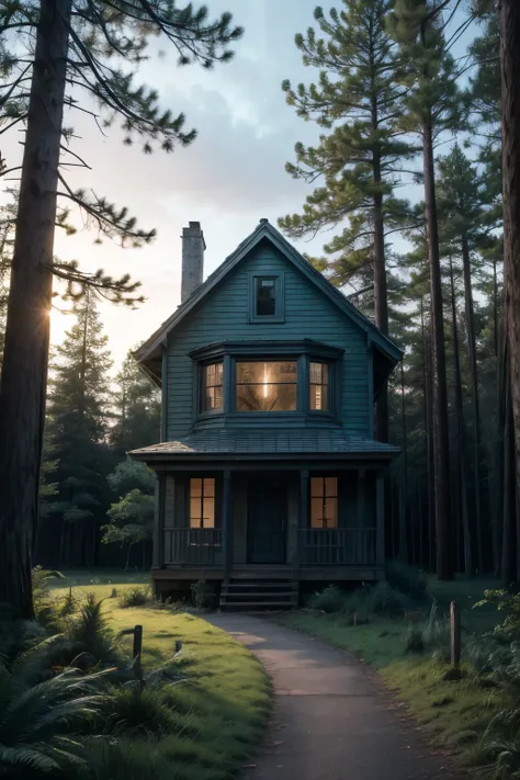 Create a book cover: at night, of a not very large two-story house with the paint on the walls a little worn, with many trees around looking gloomy in the forest. 