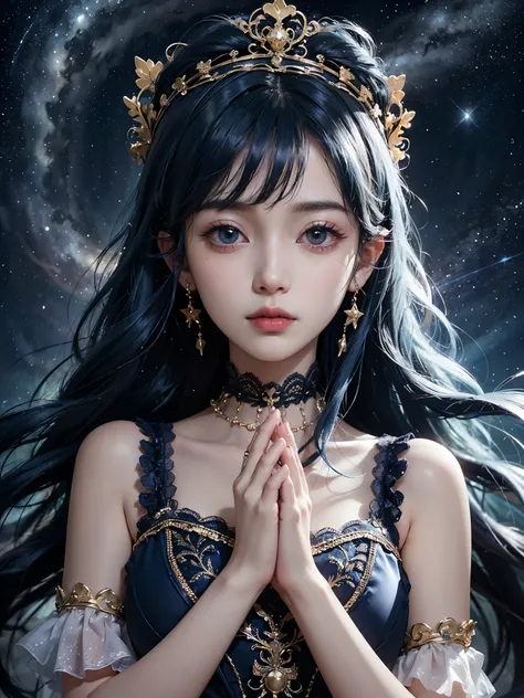 Ultra HD、A beautiful blue-haired character、Upper Body、幼児のようなBig eyes、Big eyes、Round eyes、prayer、Red burning cheeks、Night scene with starry sky background、Wearing a gorgeous dress、Subtle details、A fantastic atmosphere、Anime style