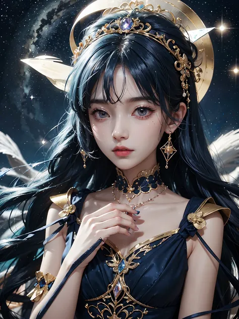 Ultra HD、A beautiful blue-haired character、Upper Body、とてもBig eyes、Big eyes、Fortune teller with crystal、Holding the crystal in both hands、Red burning cheeks、Night scene with starry sky background、Wearing a gorgeous dress、Subtle details、A fantastic atmospher...