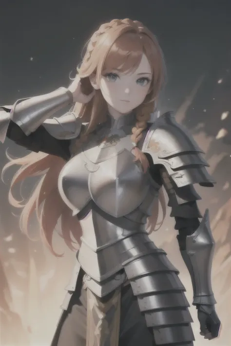 (masterpiece, best_quality, ultra-detailed, immaculate:1.3), epic, illustration, warrior lord , (armor:1.3), ginger hair, Side Swept Dutch Braid, arm up, simple background,