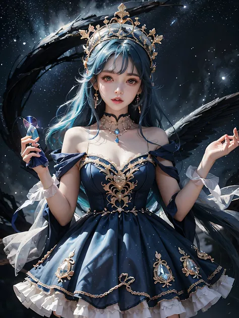 Ultra HD、A beautiful blue-haired character、Upper Body、とてもBig eyes、Big eyes、Fortune teller with crystal、Holding the crystal in both hands、Red burning cheeks、Night scene with starry sky background、Wearing a gorgeous dress、Subtle details、A fantastic atmospher...