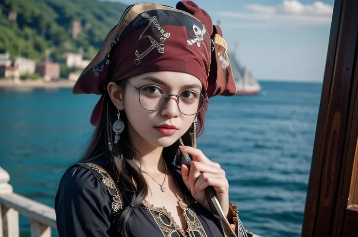 8K, ultra hd, masterpiece, 1 girl, good face, detailed eyes, very long hair, detailed lips, medium breasts, (fantasy:1.2), (ultra detailed:1.5), (pirate dress:1.5), ((black dress)), glasses, titanic ship, sea, gun in hand, (perfect body),