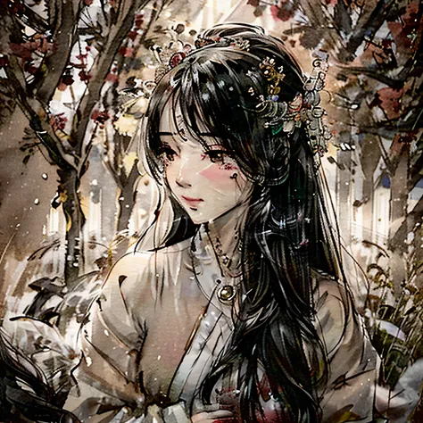 Create an elegant yet melancholic illustration of a goddess of beauty surrounded by a field of flowers. The goddess should be portrayed with a sense of grace and sadness, reflecting both her ethereal beauty and a subtle sorrow. The flowers around her shoul...