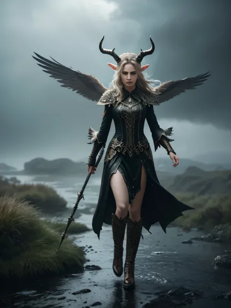 Fox, female,horns, spikes, feather wings, standing on the edge, rain, wind, casting water spell, (best quality,4k,8k,highres,masterpiece:1.2),ultra-detailed,(realistic,photorealistic,photo-realistic:1.37),fantasy,digital art,concept art,vibrant colors,dram...