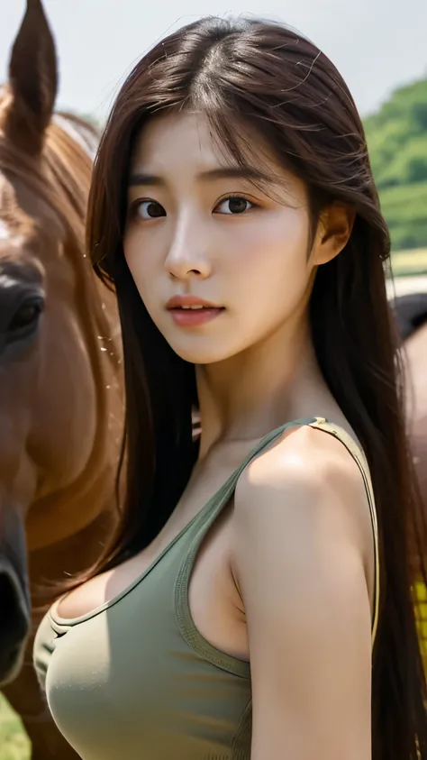 extreme close-up of beautiful beautiful korean female, 34 inch breasts size, wearing tank top, standing with horse, at the farm,  cinematic scene, UHD 