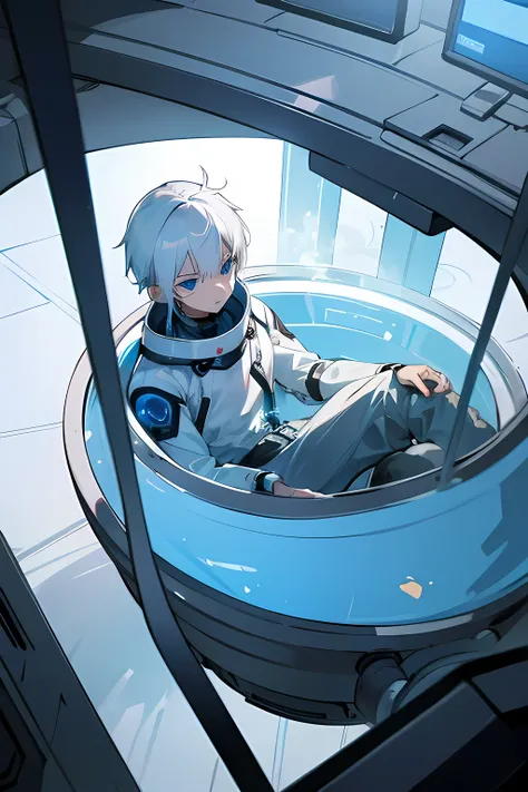 White hair-blue eyes boy, waking up from his cryogenic capsule after, crash in emergency escape sphere 