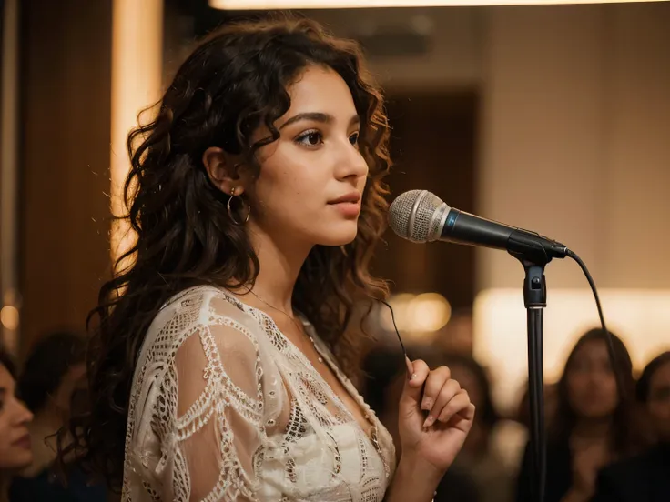 Brazilian woman with curly hair with microphone speaking at an event, profile image, people (blurred) sitting watching, crowded environment with lights, focus on standing speaker, woman leader, adult  woman, chic, feminine, expression of trust, SOCIAL CLOT...