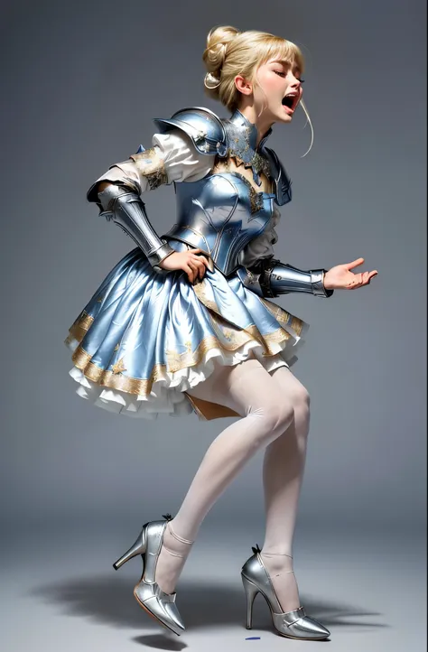 masterpiece, best quality photo, , a beautiful princess knight in armor dress and white tights is screaming, breastplate armor w...