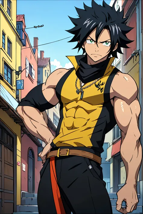 ((arte estilo anime)), He is a 17 year old teenager, He has slightly disheveled very black hair..., somewhat light green eyes, , muscular body , anime art slyle Fairy Tail , sexy face, He is dressed in the anime male uniform "Fairy Tail",  , 8k, high quali...