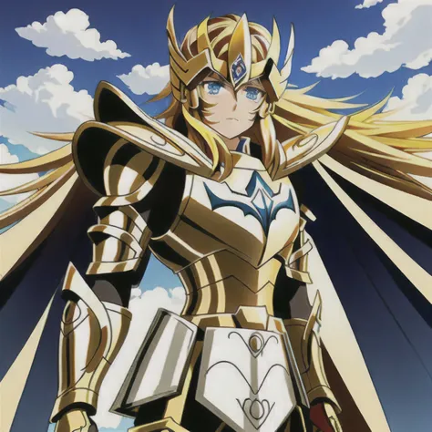 AltarArmor, Saint seiya bronze armor, 1boy,  armor, long hair, blue eyes, dramatic sky, looking at viewer, armor,  closed mouth, upper body, serious, helmet, landing on empty field