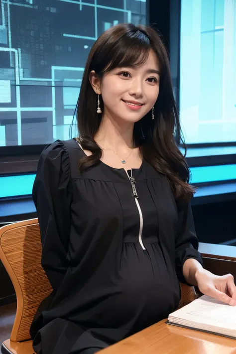 One pregnant woman Pregnant。masterpiece, Highest quality, Very detailed, Surreal, Realistic, Detailed Studio, She is a judge on an audition show., Sitting in a chair。There is a desk in front of it。Teaching juniors at the lesson studio。profile、He has a pen ...