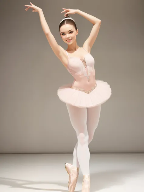 woman, brown fluffy hair, ballerina outfit, dancer, smug smile, full body shot