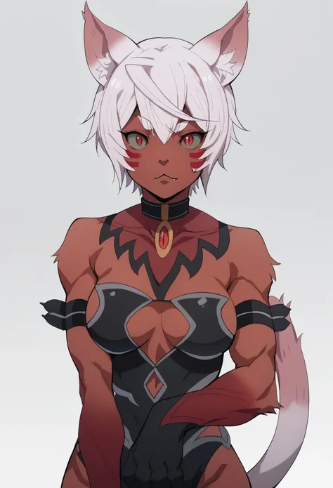 uliminas,red eyes,slit pupils, facial mark,white hair,short hair, cat ears, cat girl, cat tail,medium breasts,animal hands,colored skin, red skin, furry female, claws