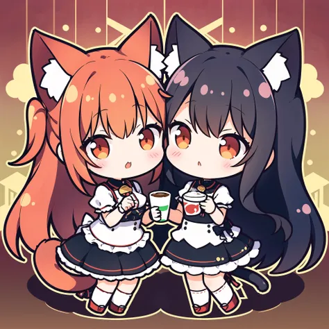 2 girls,Red Cliff,Cat ears, kiss,Yuri, Coffee cup,Symmetrical pose, Tail, Head rub, In the cup,Tell your true feelings,