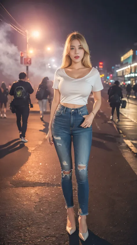 (photograph realistic：1.4), ((midnight、top-quality、8k、​masterpiece:1.3)), full bodyesbian, long legs, foco nítido:1.2, Beautiful korean idol, high heels ((flowy blonde hair、braless、colossal breasts:1.2)), (casual white tight shirt with o-neck short-sleeve,...