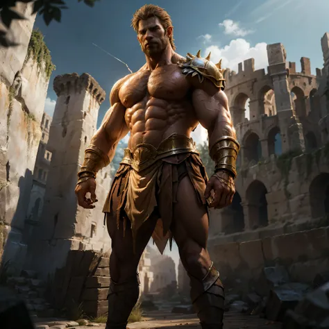 powerful gladiator, bare chest, lower body revealed from thighs to feet, detailed muscular physique, Realistic representation, 4k resolution. bottom: Colosseum during a spectacular sunset,32k UHD, Best Quality, masterpiece, Super detail, detalles highs, Hi...