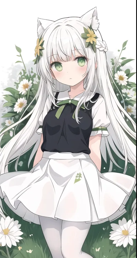 Grass,Flowers,White hair,Green Eyes,White pantyhose,permanent,Very long hair,Light, Lifting Skirt