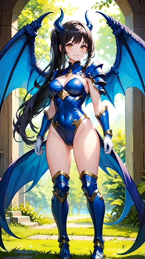 Masterpiece, 1dragonewt woman, horns, large wings, straight dark blue hair, pony tail, yellow eyes, perfect face, smile, perfect body, perfect fingers, medium , ((sexy blue leotard, transparent, see-through)), (shoulder pads), (white gloves), (blue armored...