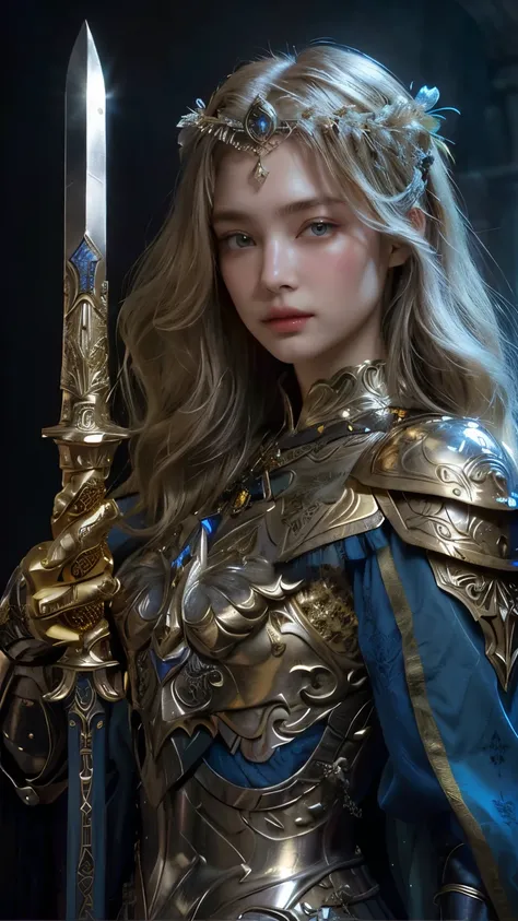 a closeup of a woman in golden armor holding a sword, of a beautiful woman knight, beautiful woman knight, mujer Paladin de fantasía, portrait gentleman woman, hermosa mujer Paladin, beautiful armor, Girl in knight armor, Impressive armor, like a medieval ...