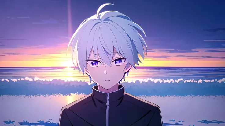 white hair, purple eyes,male, man, solo, mullet hair, wolfcut, veryshort hair, looking at viewer, solo,1male, male, boy, teenage, sunset, white background, snowy, white hair, purple eyes,