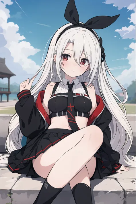 Prinz Heinrich, Prince Henry, Absurdly long hair, Hair between the eyes, hair Ribbon, mole, mole under eye, (Red Eyes:1.5), Ribbon, White hair, 
rest black tie, Crop Top, Separate sleeves, high-waist skirt, tie, pleated skirt, ribbed shirt, shirt, skirt, L...