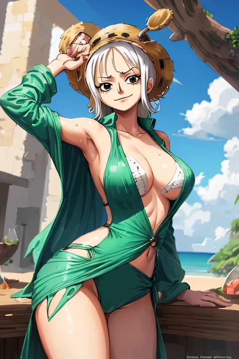 ((one piece)) ((sexy)) girl with LONG WHITE hair green eyes and green clothing