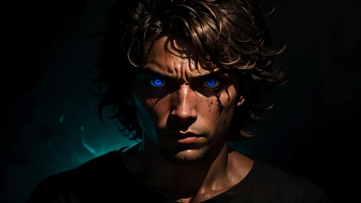 Vivid, high-contrast horror cowboy shot of a oVivid, high-contrast horror portrait of a guy, male, brown eyes, with ((messy hair)), wearing a loose t-shirt under a dramatic, gritty lighting, careless, under a dramatic, gritty lighting, white background