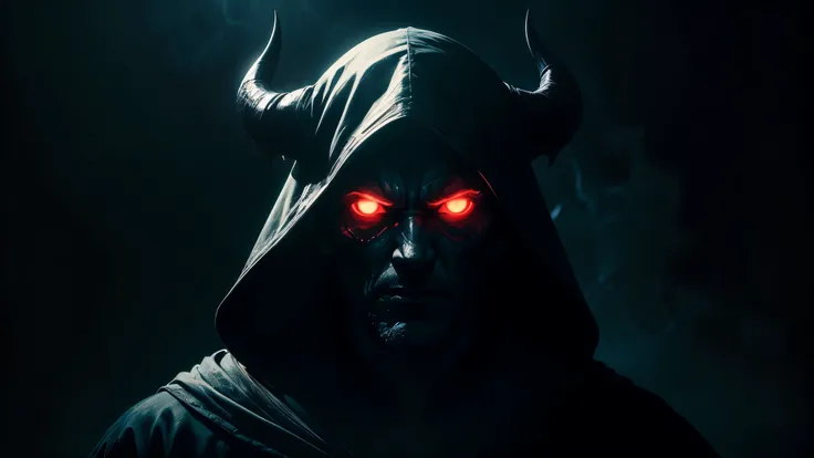 Vivid, high-contrast horror portrait of a faceless evil lord, hood, robe, dark, spectre, satan, lucifer, shadow, horns, under a dramatic, gritty lighting, abstract background