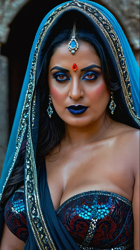 Looks like Mahie Gill, full body Closeup shot, Big chubby aunty, milf, cougar lady witch, horny Gothic milf,  70 years old gorgeous mature lady, pervert demoness, demoness of lust, curvy, black lips, horny face, extremely gorgeous, thick figure, heavy phys...