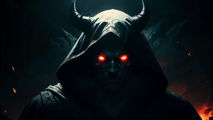 Vivid, high-contrast horror portrait of a faceless evil lord, hood, robe, dark, spectre, satan, lucifer, shadow, horns, under a dramatic, gritty lighting, abstract background