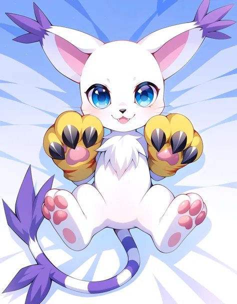 gatomon, feral, (digimon), solo, looking at viewer, blue eyes, white fur, striped tail, gloves, paw gloves, pawpads,,