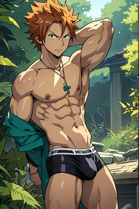 ((arte estilo anime)), (the highest image quality), (detailed strokes), Looking at the Viewer, facing the viewer , showing the whole body, ,  He is a 17 year old teenager, very white skin, He has slightly disheveled ginger hair ,  light green eyes, , muscu...