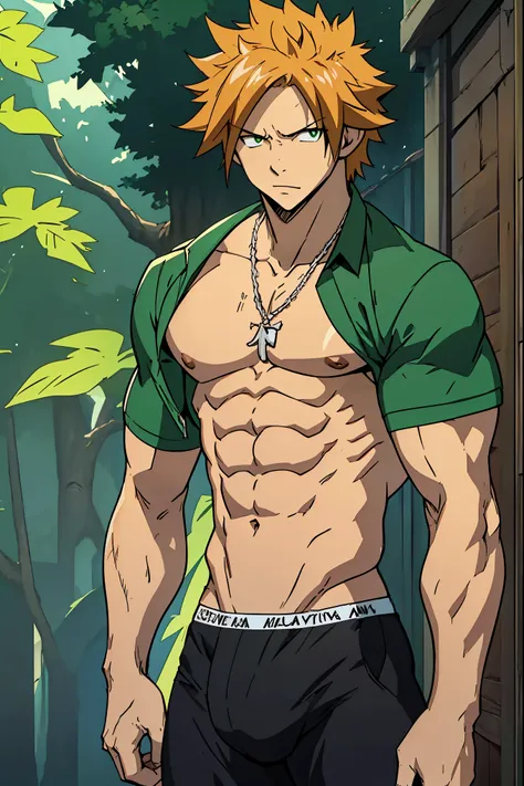 ((arte estilo anime)), (the highest image quality), (detailed strokes), Looking at the Viewer, facing the viewer , showing the whole body, ,  He is a 17 year old teenager, very white skin, He has slightly disheveled ginger hair ,  light green eyes, , muscu...