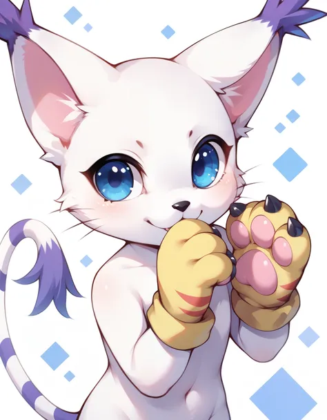 gatomon, feral, (digimon), solo, looking at viewer, blue eyes, white fur, striped tail, gloves, paw gloves, pawpads,,