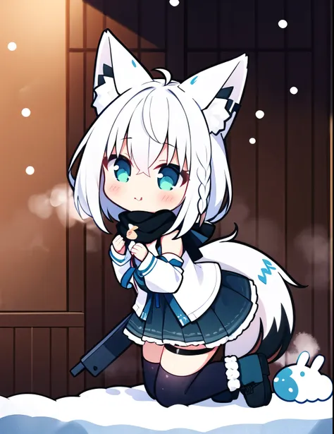 1 girl, solitary, whole body, simple background, white hair, single side braiding, ahog, fox tail, snow blowing default, white s...