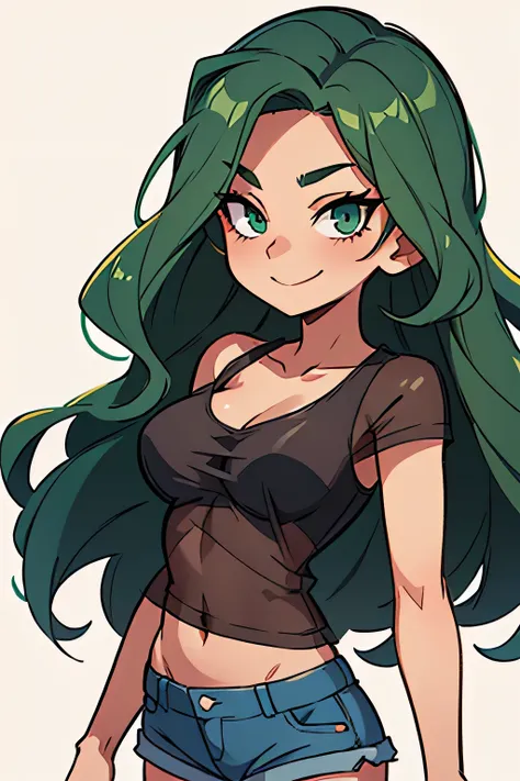 Amazing portrait of a sexy woman playing with her long wavy luscious hair seductively gazing with her eyes emphasized by some smokey eyeliner as she seductively smiles at us wearing a green padded bra layered with a sheer shrug and denim shorts giving off ...