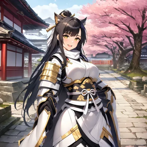 a woman wearing white heavy samurai armor with gold details,standing posture, black hair, long hair, yellow eyes, happy face, sm...