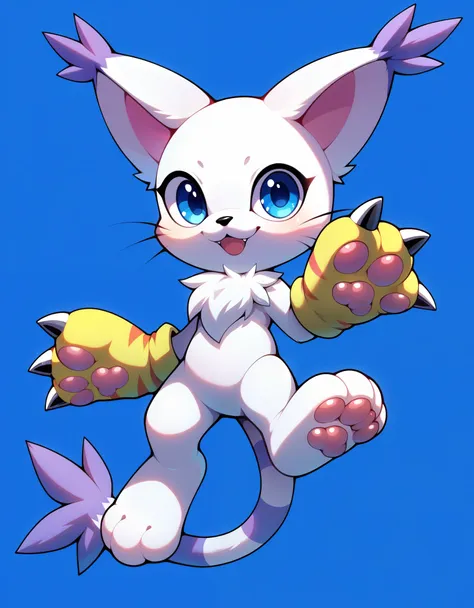 gatomon, feral, (digimon), solo, looking at viewer, blue eyes, white fur, striped tail, gloves, paw gloves, pawpads,,