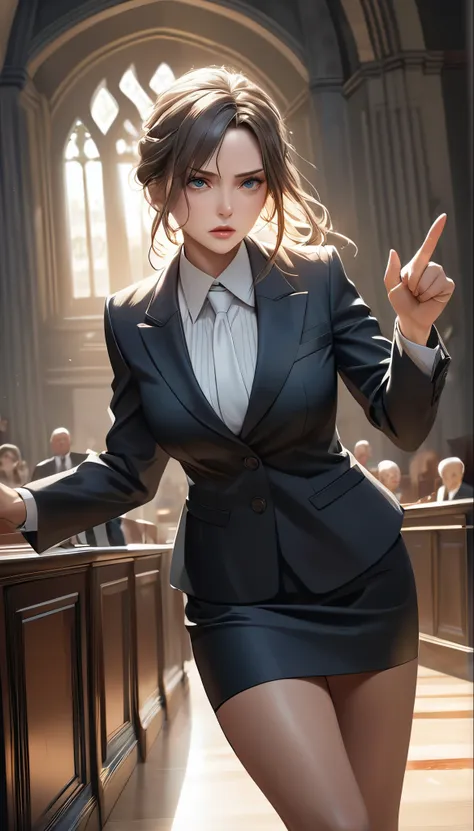 a mature woman in a formal suit skirt, standing confidently with a steely gaze, defending her client against false accusations, ...