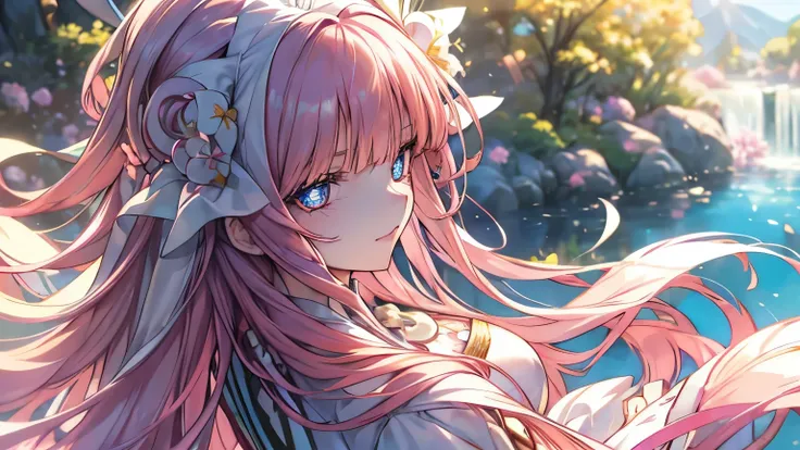 (overhead view), beautiful anime woman illustration, 1girl, (masterpiece, best quality, ultra-detailed), sharp focus, detailed face, extremely detailed eyes, face focus, long hair, criss-crossed bangs, hair over shoulder, purple hair, (teal streaked hair:1...