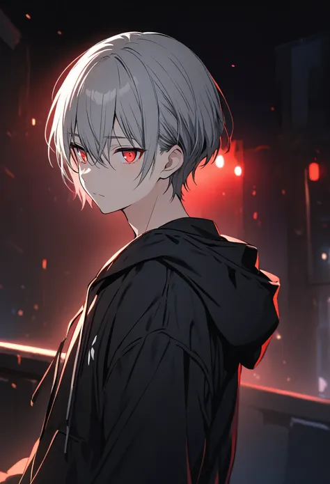 good looking, alone, 1 male, gray hair, red eyes, black shirt, black and white hooded, night, black light,cute eyes,short hairst...