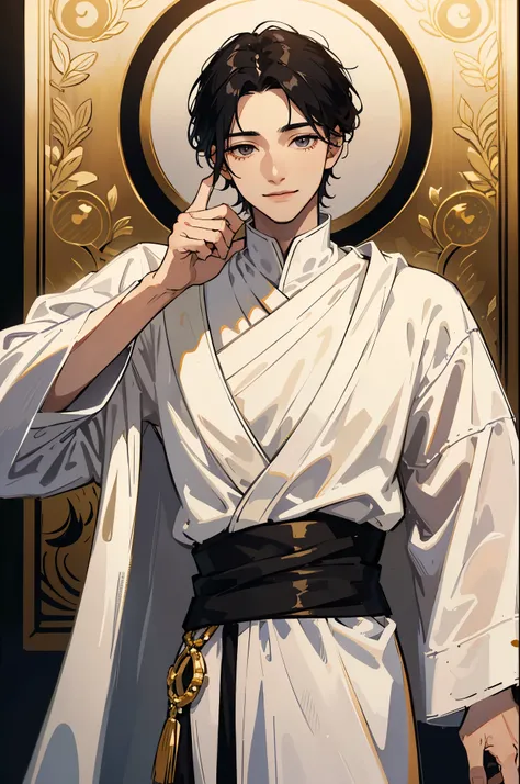 a young man dressed in a white robe with extravagant gold details, with a cute face, a calm face, calm with a slight calm smile, black medium hair, with black eyes, beautiful-detailed Eyes