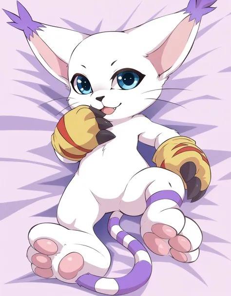 gatomon, feral, (digimon), solo, looking at viewer, blue eyes, white fur, striped tail, gloves, paw gloves, pawpads,,