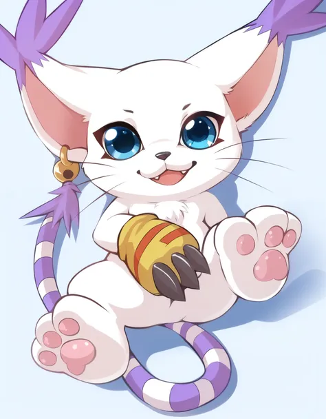 gatomon, feral, (digimon), solo, looking at viewer, blue eyes, white fur, striped tail, gloves, paw gloves, pawpads,,