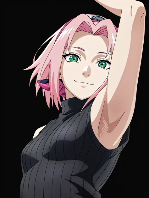 haruno sakura, pink hair, short hair, green eyes, (small breasts:1.1), hairband, sweater, ribbed sweater, ribbed, turtleneck, (b...