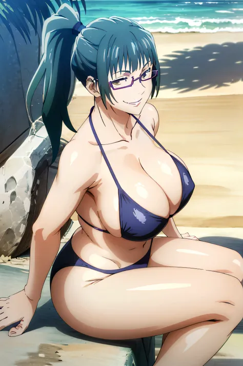 beautiful zenin_maki,ponytail,glasses,bangs,green hair,brown eyes, 1girl, solo, breasts, looking_at_viewer, smile, large_breasts, cleavage, bare_shoulders, collarbone, sitting, sitting on rock, legs crossed, thick thighs, thong underwear, from_below, breas...