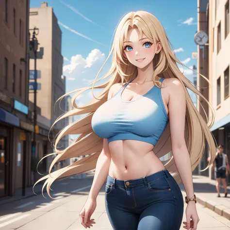 Row, 25 year old young woman. blonde hair with highlights, blue eyes like the sky. happy smile, big breasts, blue and white top, skinny jeans,  background an urban city by day.