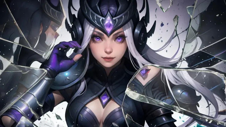 highest quality, UHD, best resolution, very detailed, broken glass with hole in the center revealing, syndra, league of legends, 1girl, hand grapping forward armor, black gloves, black thighhighs, breasts, long hair, looking at viewer, purple eyes, smile, ...